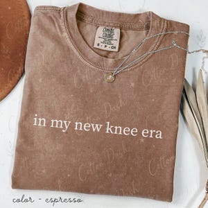 May include: A brown short-sleeved t-shirt with a crew neckline and the white text "in my new knee era" printed on the front. The shirt features a Comfort Colors label indicating size S and 100% cotton material. A silver chain necklace is included.