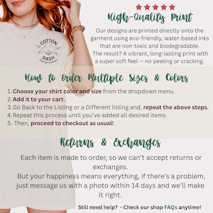 May include: Cream-colored t-shirt with the "Cotton Dash Printing Company" logo. The image includes text about high-quality printing, ordering multiple sizes and colors, and the returns and exchanges policy.