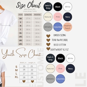 K&ouml;nnte beinhalten: Gr&ouml;&szlig;entabelle f&uuml;r Bella Canvas 3001 Unisex-Jersey-T-Shirts. Die Tabelle zeigt die Gr&ouml;&szlig;en XS bis 4XL mit den entsprechenden L&auml;ngen- und Breitenma&szlig;en in Zoll. Die Tabelle enth&auml;lt auch eine Liste der verf&uuml;gbaren Farben: Dunkelgrau meliert, Schwarz, Wei&szlig;, Natur, Rosa, Marine, Athletikgrau meliert, Columbia meliert und Pfirsich meliert. Die Tabelle enth&auml;lt auch Informationen &uuml;ber den Stoff: 100 % Baumwolle, abrei&szlig;bares Etikett, Unisex-Gr&ouml;&szlig;en und leichtes Gewicht von 4,2 oz.