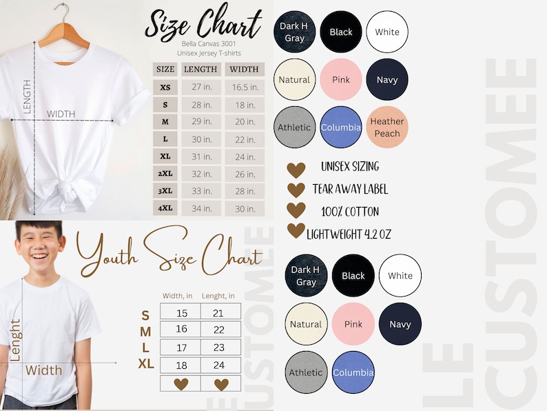 K&ouml;nnte beinhalten: Gr&ouml;&szlig;entabelle f&uuml;r Bella Canvas 3001 Unisex-Jersey-T-Shirts. Die Tabelle zeigt die Gr&ouml;&szlig;en XS bis 4XL mit den entsprechenden L&auml;ngen- und Breitenma&szlig;en in Zoll. Die Tabelle enth&auml;lt auch eine Liste der verf&uuml;gbaren Farben: Dunkelgrau meliert, Schwarz, Wei&szlig;, Natur, Rosa, Marine, Athletikgrau meliert, Columbia meliert und Pfirsich meliert. Die Tabelle enth&auml;lt auch Informationen &uuml;ber den Stoff: 100 % Baumwolle, abrei&szlig;bares Etikett, Unisex-Gr&ouml;&szlig;en und leichtes Gewicht von 4,2 oz.