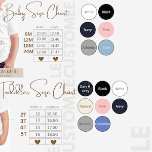 K&ouml;nnte beinhalten: Gr&ouml;&szlig;entabelle f&uuml;r Baby- und Kleinkind-T-Shirts mit Ma&szlig;en in Zoll. Die Tabelle enth&auml;lt eine Vielzahl von Farben: Wei&szlig;, Schwarz, Marine, Rosa, Athletikgrau, Blau, Dunkelgrau, Natur, Columbia Blau.