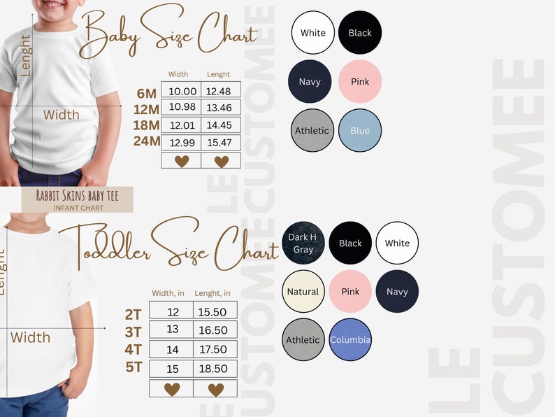 K&ouml;nnte beinhalten: Gr&ouml;&szlig;entabelle f&uuml;r Baby- und Kleinkind-T-Shirts mit Ma&szlig;en in Zoll. Die Tabelle enth&auml;lt eine Vielzahl von Farben: Wei&szlig;, Schwarz, Marine, Rosa, Athletikgrau, Blau, Dunkelgrau, Natur, Columbia Blau.