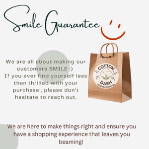 May include: A brown paper shopping bag with a circular white sticker featuring a cotton boll illustration and the text Cotton Dash Printing Company. The image includes the text Smile Guarantee and a message about customer satisfaction.