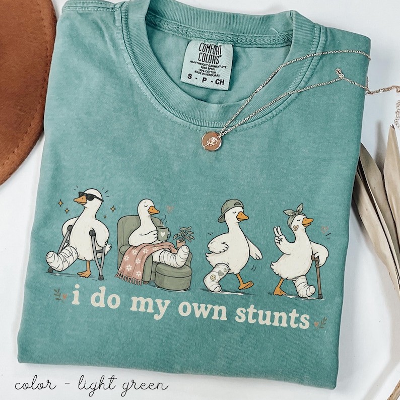 May include: Light green Comfort Colors t-shirt with a graphic of four cartoon ducks, each with a leg cast, performing various activities. The text "i do my own stunts" is below the ducks. A silver necklace with a pendant is on the shirt.