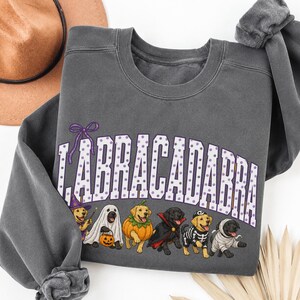 May include: A charcoal grey crewneck sweatshirt featuring a graphic of six Labrador retrievers in various Halloween costumes. The text "LABRACADABRA" is printed in large white letters with purple polka dots above the dogs, accented by a purple bow.