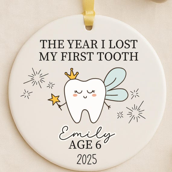 Lost First Tooth Ornament for Kids, Personalized Tooth Fairy Milestone Gift, Custom Ceramic Keepsake for Children Baby Teeth Memory Ornament