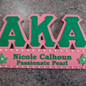 AKA Desk Sign – Alpha Kappa Alpha Greek Letter Custom Name Dorm Decor - Pink & Green - Sorority Merchandise Gift