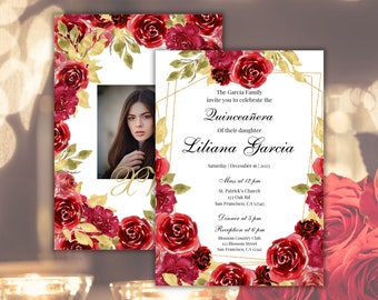 Enchanting Gold & Red Rose Quinceañera Invitation, Editable Sweet 15 Invite, Customizable XV Digital Canva Template Design, XV001