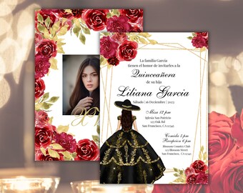 Elegant Quinceañera Invitation - Red Rose & Gold Charro Theme with Black Dress - Customizable Digital Download for Sweet 15, XV001