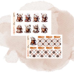 May include: A set of 7.68 inch mini planner stickers featuring a chocolate cocoa theme. The stickers include a variety of designs with hot chocolate mugs, marshmallows, and snowmen. There are also plaid patterned stickers with the days of the week.