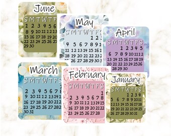 May include: A set of 10 printable calendar stickers featuring watercolor floral designs. Each sticker includes the month name and days of the week, with numbers for each day of the month. The stickers are in various colors, including pink, blue, green, and purple.