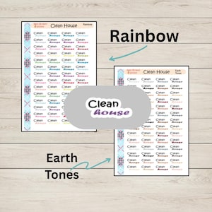 May include: Two sheets of stickers with the text "Clean House" and "Rainbow" and "Earth Tones". The stickers have a repeating pattern of the word "Clean". The background is a light wood grain.