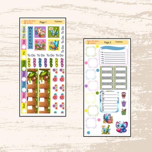 May include: A set of colorful planner stickers featuring butterflies, flowers, and a garden scene. The stickers include a weekly planner, to-do lists, and a page with blank boxes and a space for notes. The stickers are perfect for adding a touch of whimsy to your planner.