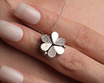 Four Leaf Diamond Clover Necklace, Heart Magnetic Pendant, Handmade Jewelry, Dainty Clover Necklace, Mothers Day Gift For Her, Gift For Mom