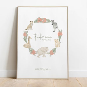 STAMPA NASCITA PERSONALIZZATO africa nome dati bimbo e bimba, ghirlanda animali savana, idea regalo neonato, stampa cameretta poster nursery