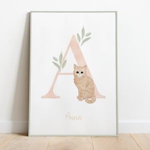Nombre IMPRESO INICIAL para NIÑOS, niño y niña, póster con letra y animales, personalizado, idea de regalo para recién nacido, póster infantil para habitación infantil