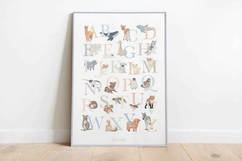 ALPHABET ANIMAL NUMBERS set poster for children, abc, nursery gift idea for newborns, pastel illustration, Montessori bedroom decorations image 4