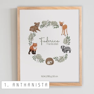 PERSONALIZED BIRTH PRINT forest name data for boys and girls, forest animal garland, newborn gift idea, nursery poster print image 2