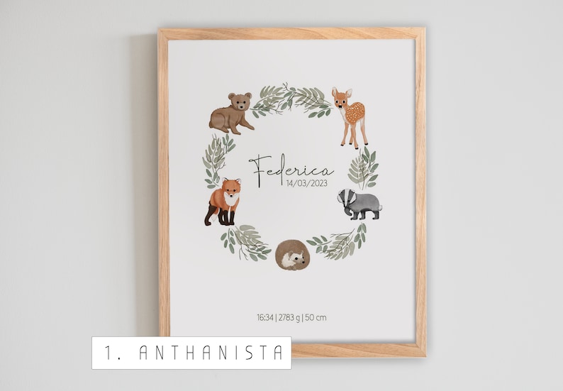 PERSONALIZED BIRTH PRINT forest name data for boys and girls, forest animal garland, newborn gift idea, nursery poster print image 2