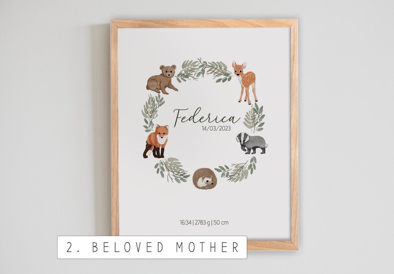 PERSONALIZED BIRTH PRINT forest name data for boys and girls, forest animal garland, newborn gift idea, nursery poster print image 3