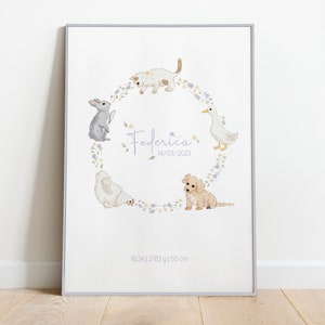 IMPRESIÓN DE NACIMIENTO PERSONALIZADA datos de nombres de bebé y niña de primavera, guirnalda de animales de granja, idea de regalo para recién nacidos, dormitorio con póster de guardería