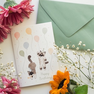 HAPPY BIRTHDAY CARD kittens, balloons confetti, birthday greeting card, funny postcard, handmade watercolor, A6 with envelope