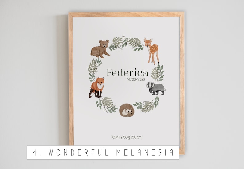 PERSONALIZED BIRTH PRINT forest name data for boys and girls, forest animal garland, newborn gift idea, nursery poster print image 5