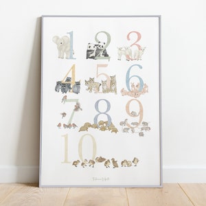 STAMPA NUMERI ANIMALI, poster per bambini, alfabeto, nursery idea regalo neonato, illustrazione pastello, Decorazioni cameretta, Montessori