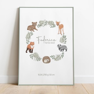 STAMPA NASCITA PERSONALIZZATO bosco nome dati bimbo e bimba, ghirlanda animali foresta, idea regalo neonato, stampa cameretta poster nursery