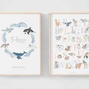 BUNDLE ALFABETO + NASCITA personalizzato oceano dati bimbo e bimba, animali mare, abc animali, idea regalo neonato, poster cameretta stampa