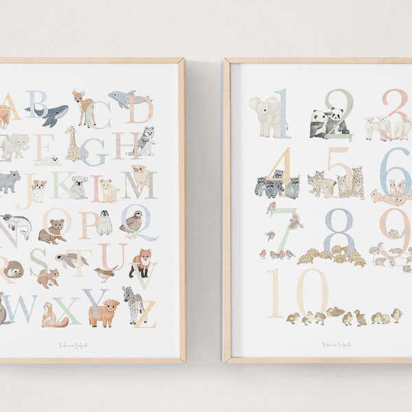 ALPHABET + ZAHLEN TIER-Set Poster für Kinder, ABC, Kinderzimmer Geschenkidee für Neugeborene, Pastell Illustration, Montessori Schlafzimmer Dekoration