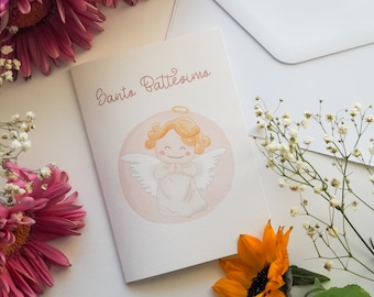 Rosa TAUFENGELKARTE, kleines Mädchen, Grußkarte, süße Postkarte zur heiligen Taufe, handgemachter Aquarellengel, A6 mit Umschlag