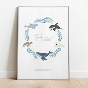 STAMPA NASCITA PERSONALIZZATO oceano nome dati bimbo e bimba, ghirlanda animali mare, idea regalo neonato, stampa cameretta poster nursery