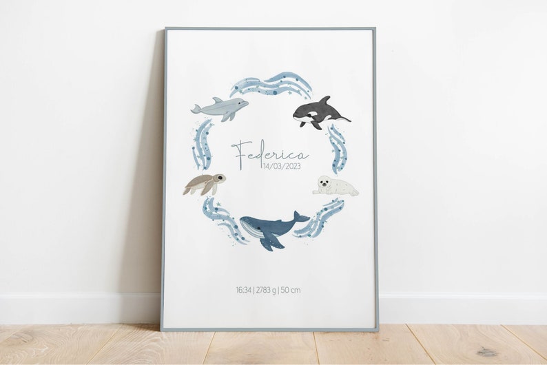 PERSONALIZED BIRTH PRINT ocean baby and girl name data, sea animal garland, newborn gift idea, nursery poster print image 1