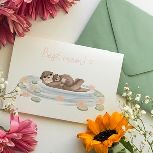 BEST MOM CARD lontre, fiume ninfee, biglietto festa della mamma, cartolina dolce mamma e cucciolo, acquerello fatto a mano, A6 con busta