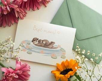 BEST MOM CARD otters, river water lilies, Mother's Day card, sweet mum and puppy postcard, handmade watercolour, A6 with envelope