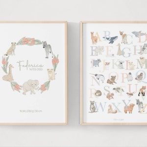 PAKET ALPHABET + GEBURT personalisierte Afrika Baby Mädchen Daten, Savannentiere, ABC Tiere, Neugeborenen Geschenkidee, Kinderzimmer Poster Druck
