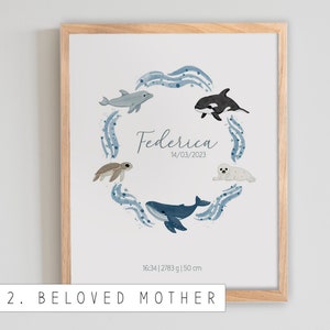 PERSONALIZED BIRTH PRINT ocean baby and girl name data, sea animal garland, newborn gift idea, nursery poster print image 3