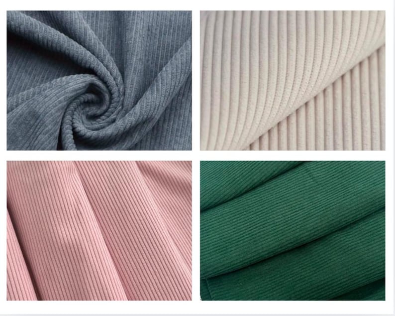 May include: Four fabric swatches in different colors: blue-grey, off-white, light pink, and dark green. Each swatch displays a ribbed corduroy texture, with vertical ridges running across the fabric. The fabric is folded and draped, showcasing the texture and color variations.