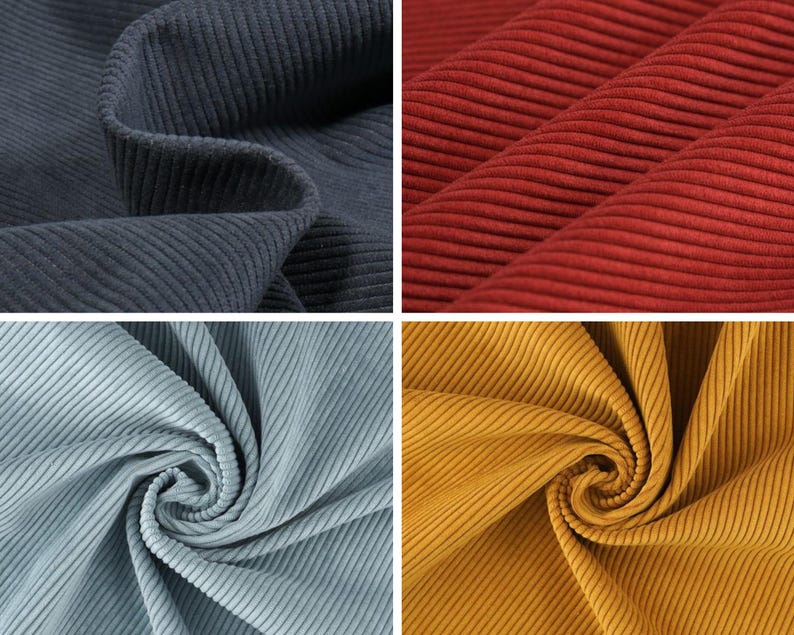 May include: Close-up of four swatches of corduroy fabric in different colors. The colors include a deep navy blue, a vibrant red, a light blue-green, and a golden yellow. The fabric has a ribbed texture.