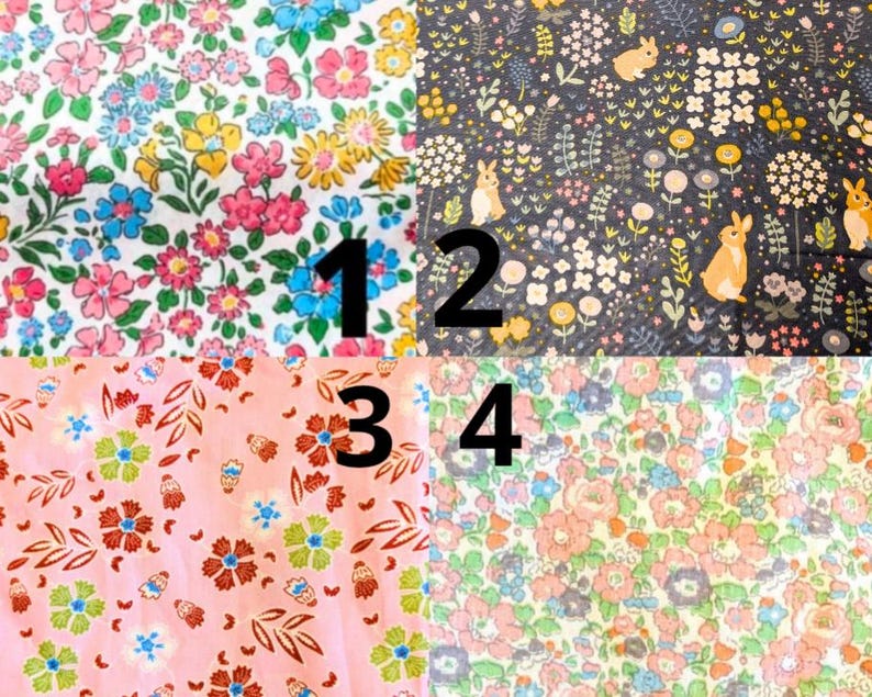 May include: Four fabric swatches with floral and animal patterns. Swatch 1 features a white background with pink, blue, and yellow flowers. Swatch 2 has a dark blue background with bunnies and flowers. Swatch 3 is pink with flowers and leaves. Swatch 4 has a floral pattern.