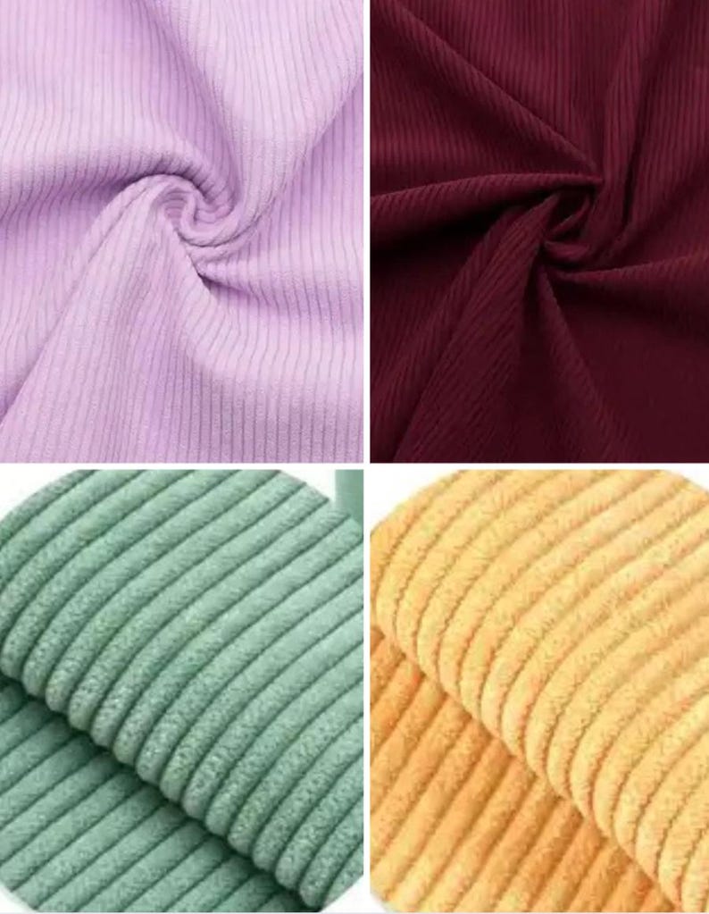 May include: Four swatches of corduroy fabric in various colors. The top left is a light purple, the top right is a deep burgundy, the bottom left is a muted green, and the bottom right is a golden yellow. The fabric has a ribbed texture.