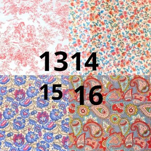May include: A fabric swatch image featuring four different patterned textiles. The fabrics include floral and paisley designs in various colors, including red, blue, and gray. The numbers 1314, 15, and 16 are printed in black on the image.