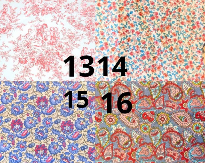 May include: A fabric swatch image featuring four different patterned textiles. The fabrics include floral and paisley designs in various colors, including red, blue, and gray. The numbers 1314, 15, and 16 are printed in black on the image.