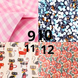 May include: A collage of fabric swatches. Top left: pink and white gingham. Top right: navy blue floral pattern. Bottom left: cream fabric with cat illustrations. Bottom right: red floral pattern.