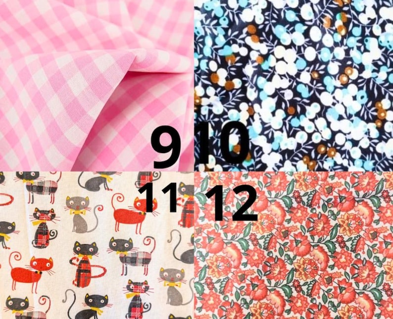 May include: A collage of fabric swatches. Top left: pink and white gingham. Top right: navy blue floral pattern. Bottom left: cream fabric with cat illustrations. Bottom right: red floral pattern.