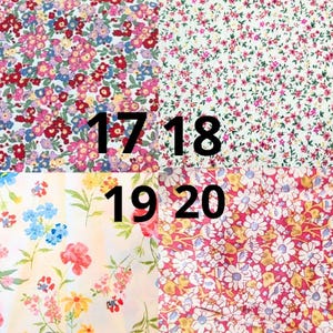 May include: A collage of four fabric swatches, each showcasing a different floral pattern. The fabrics feature a variety of colorful flowers, including red, pink, blue, and yellow, set against white and cream backgrounds. Numbers 17, 18, 19, and 20 are printed on the image.