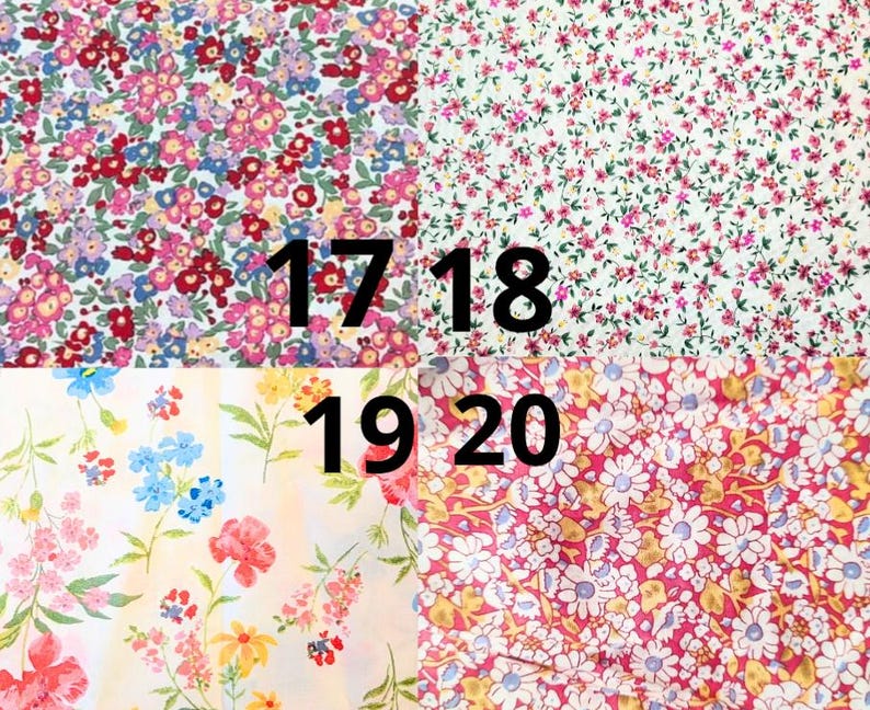 May include: A collage of four fabric swatches, each showcasing a different floral pattern. The fabrics feature a variety of colorful flowers, including red, pink, blue, and yellow, set against white and cream backgrounds. Numbers 17, 18, 19, and 20 are printed on the image.