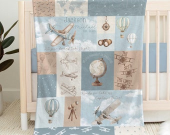 Personalized Baby Blanket Aviation Nursery Decor Custom Name Blanket Airplane Gift Soft Minky Travel Adventure Nursery Throw Pilot Gift