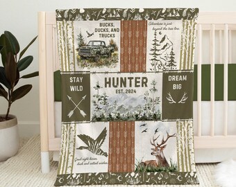Custom Hunting Baby Blanket, Camo Woodland Nursery Decor, Deer Antler Baby Gift, Outdoor Adventure Blanket, Hunter Themed Baby Shower Gift
